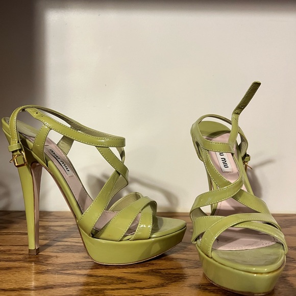 Miu Miu Shoes - Miu Miu Strappy Light Green Patent Leather Sandal Heel